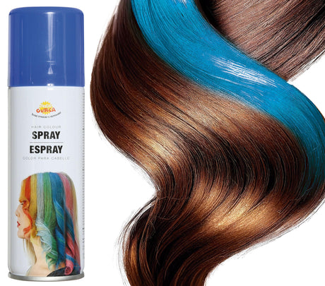 Blue hair spray 125ml for Halloween costumes and party makeup, suitable for standard users, ideal accessory for festive celebrations.