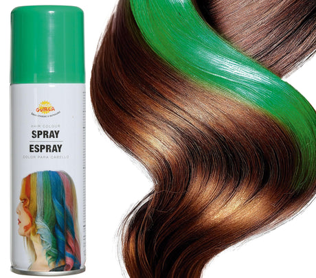 Green hair spray 125ml for Halloween costume makeup, party accessory, metal and PVC can, ideal for festive celebrations.