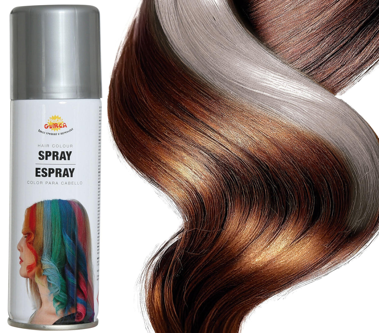 Silver hair spray 125ml for Halloween costumes and party makeup, metallic finish, suitable for standard users.
