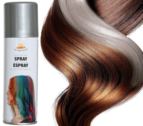Silver hair spray 125ml for Halloween costumes and party makeup, metallic finish, suitable for standard users.