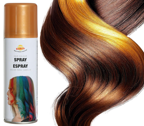 Gold hair spray 125ml for Halloween costumes and party makeup, metallic finish, suitable for standard users, ideal accessory for festive celebrations.