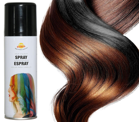 Black hair spray 125ml for Halloween costumes and party makeup, suitable for standard users, packaged in a metal and PVC container.