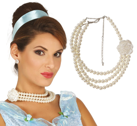 White PVC pearl necklace with flower detail, elegant women's jewelry accessory inspired by princess, marquis, and 1920s themes.