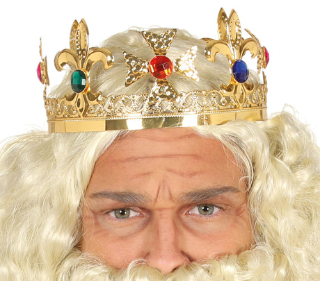 Gold metallic king crown accessory for men, medieval Christmas costume, 18 x 18 cm, metal material.