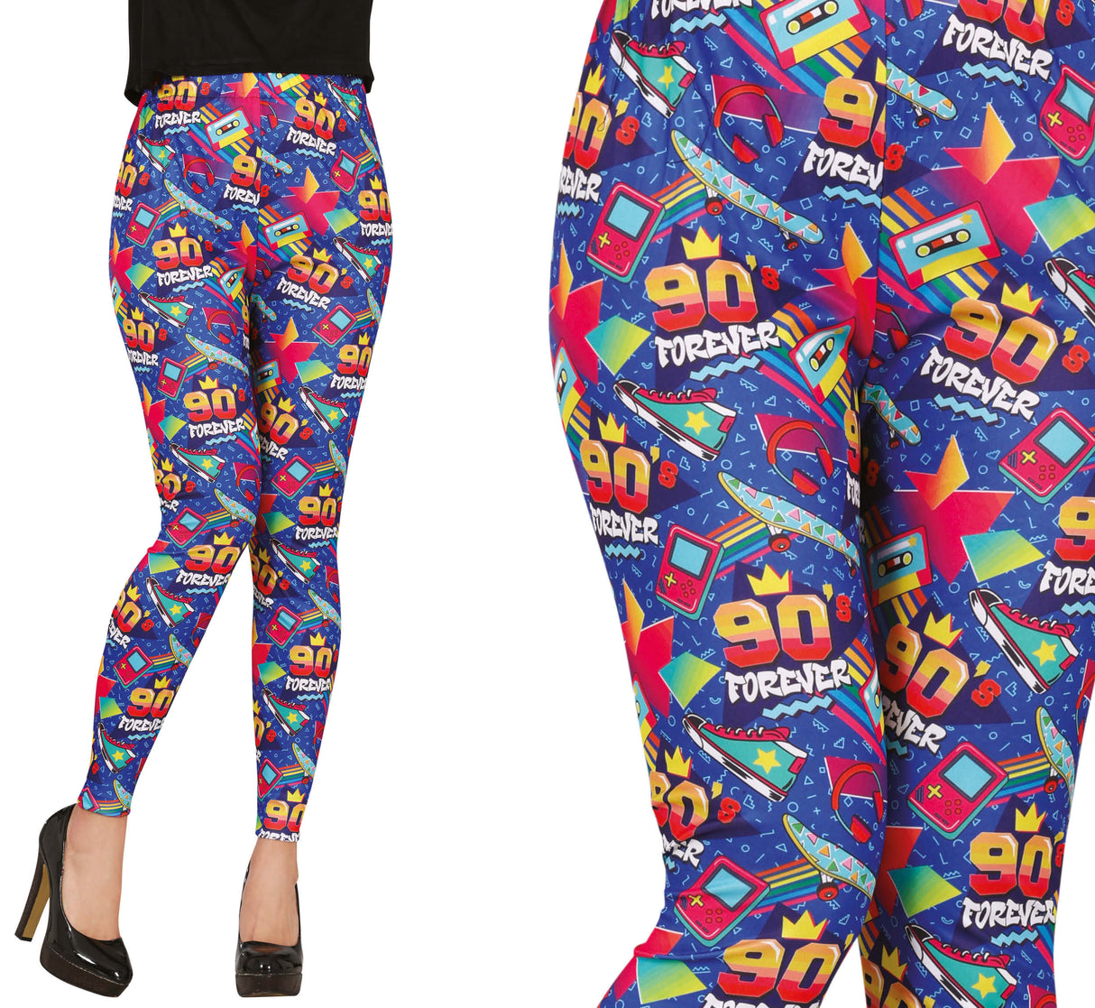 Multicolor 90s style leggings for women, adult size medium, made of polyester and spandex, retro fashion accessory.