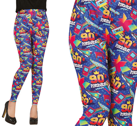 Multicolor 90s style leggings for women, adult size medium, made of polyester and spandex, retro fashion accessory.