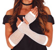 White fishnet gloves for women, 26cm long, polyester material, 80s costume accessory.