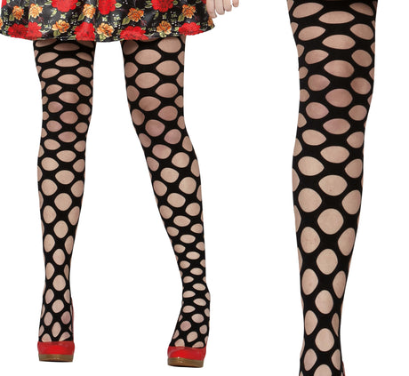 Black fishnet tights for women, Halloween costume accessory, polyester and spandex, Day of the Dead theme.