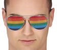 Aviator sunglasses for adults in multicolor rainbow design with metal and PVC frame, unisex accessory.