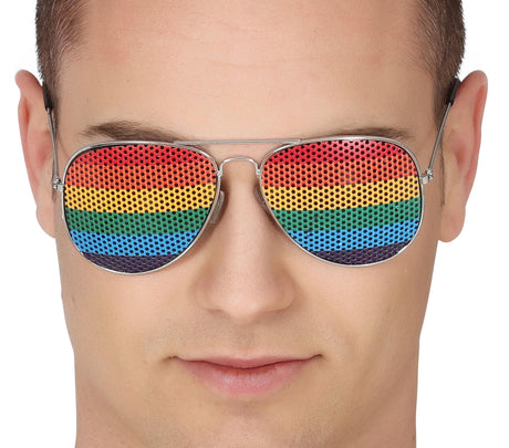 Aviator sunglasses for adults in multicolor rainbow design with metal and PVC frame, unisex accessory.