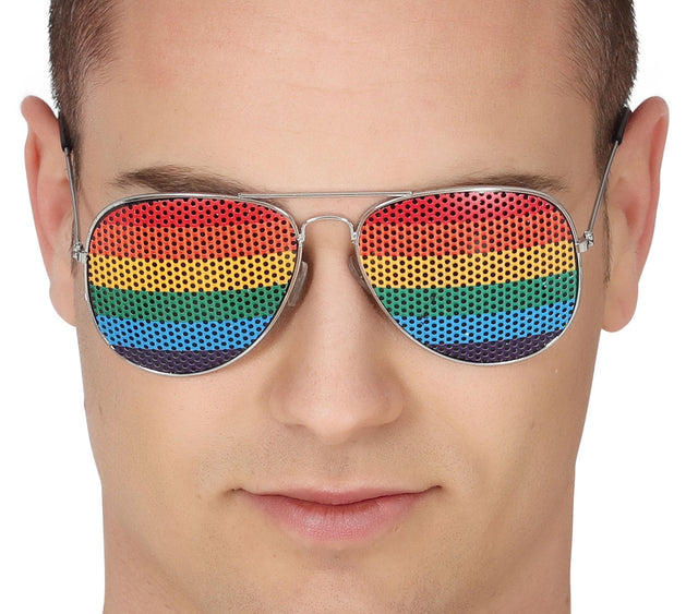 Aviator sunglasses for adults in multicolor rainbow design with metal and PVC frame, unisex accessory.