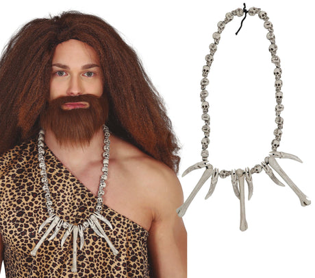 Caveman skull necklace for adults made of beige PVC, perfect Halloween accessory for voodoo or prehistoric costumes.