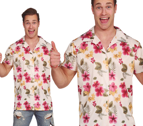 Men's medium pink Hawaiian floral shirt made of polyester, summer beachwear, 56 x 76 cm.