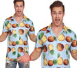 Men's blue Hawaiian pineapple print polyester shirt size L, summer tropical theme, adult apparel.