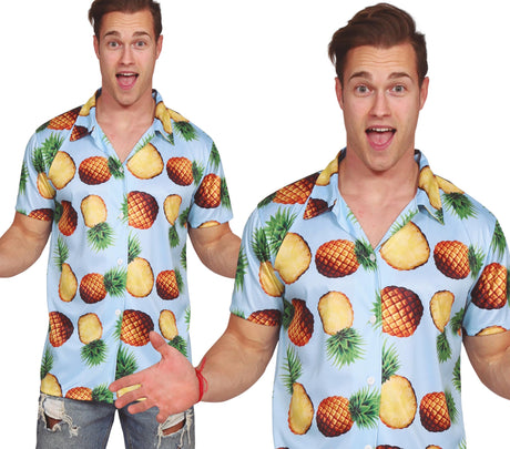 Men's blue Hawaiian pineapple print polyester shirt size L, summer tropical theme, adult apparel.