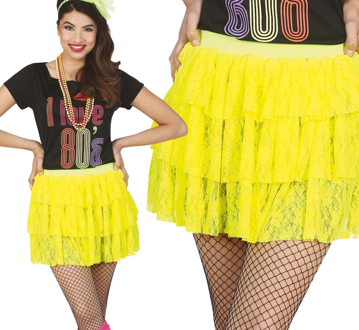 Neon yellow 80s style women's polyester skirt, retro rock fashion accessory for adults.
