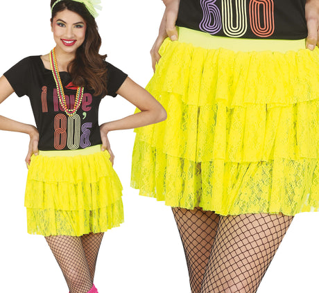 Neon yellow 80s style women's polyester skirt, retro rock fashion accessory for adults.
