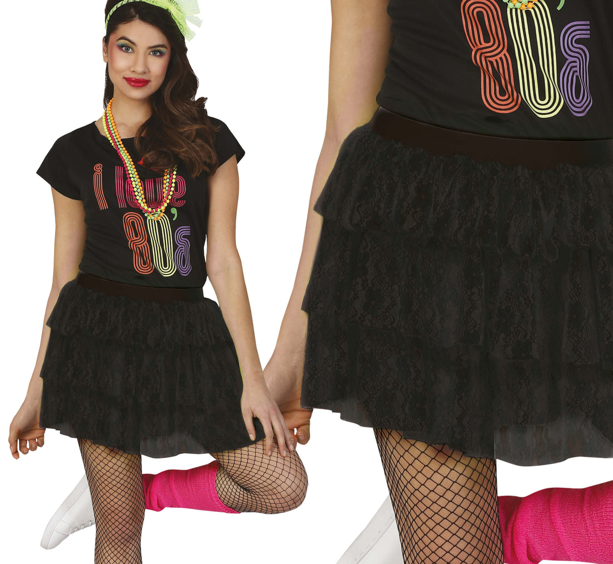 Black 80s style polyester skirt for women, rock themed fashion accessory, 33 x 40 cm.