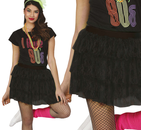 Black 80s style polyester skirt for women, rock themed fashion accessory, 33 x 40 cm.