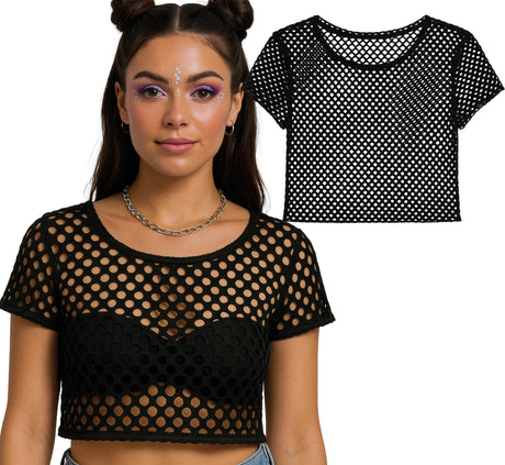 Black mesh polyester women's t-shirt inspired by 80s fashion, adult size 50 x 51, ideal for accessories and textiles collections.