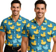 Blue polyester adult men's shirt with rubber duck print, Hawaiian summer theme, size 48-50.