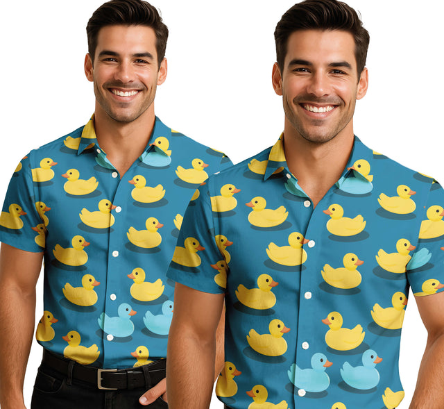 Blue polyester adult men's shirt with rubber duck print, Hawaiian summer theme, size 48-50.