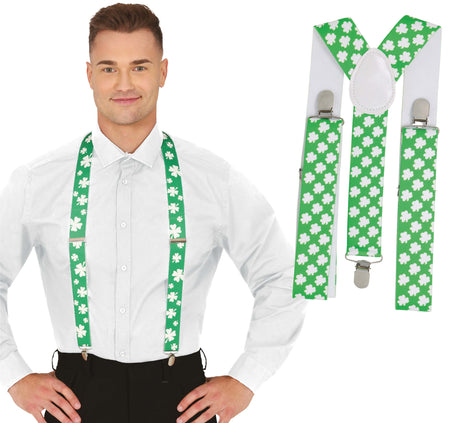 Green and white St. Patrick's Day suspenders for adults made of metal and polyester, unisex accessory, 75 x 3.5 cm.