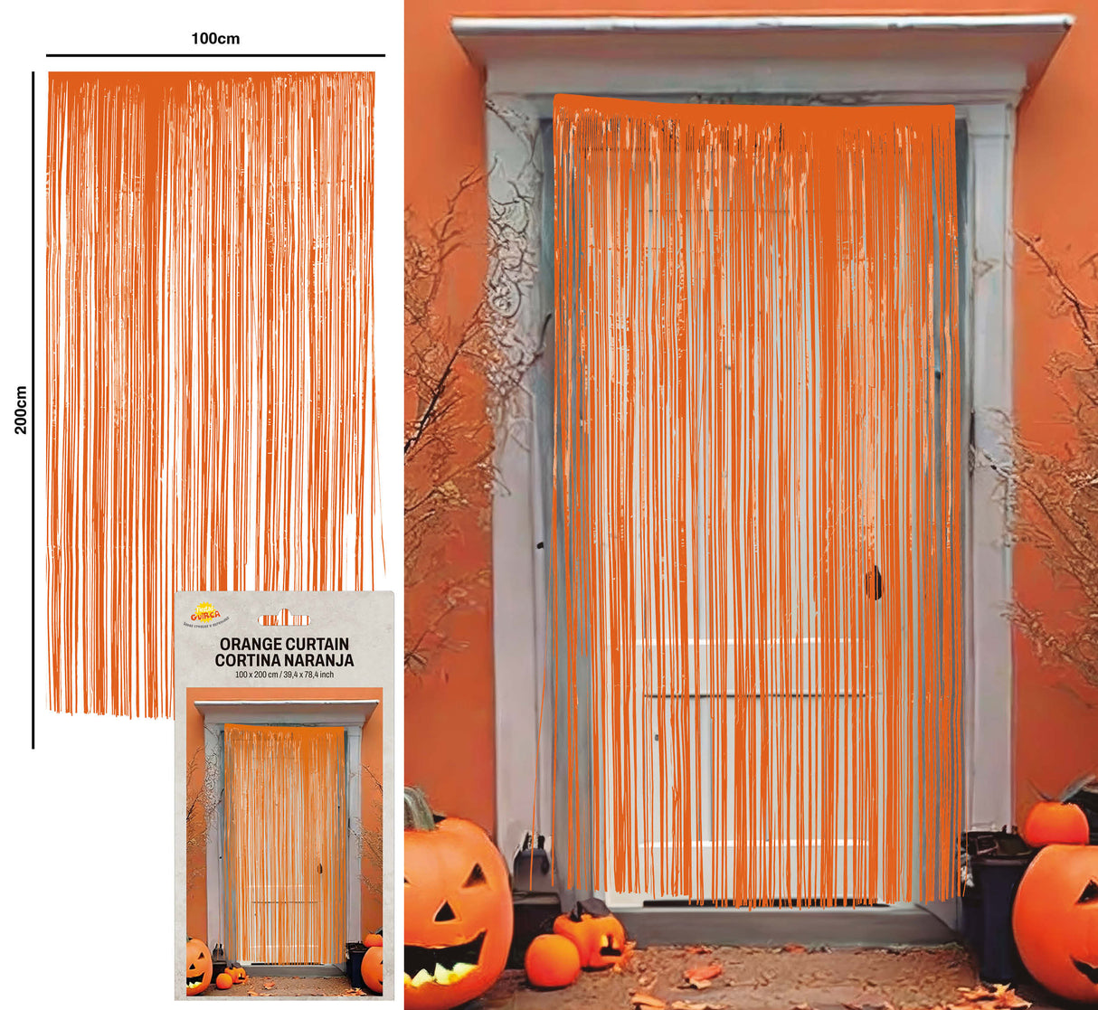 Orange PVC curtain 100 x 200 cm for Halloween decoration, ideal for doors, windows, or walls.