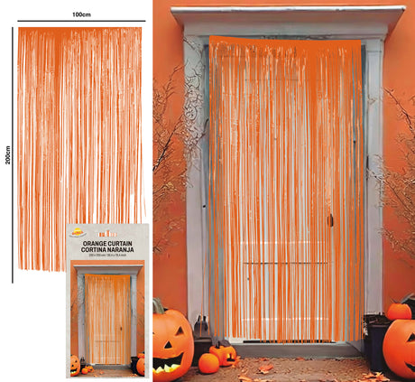Orange PVC curtain 100 x 200 cm for Halloween decoration, ideal for doors, windows, or walls.