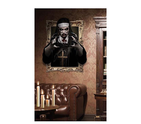 Halloween nun wall sticker, multicolor PVC adhesive decoration for doors, windows, or walls, 70x80 cm, perfect for spooky Halloween home decor.