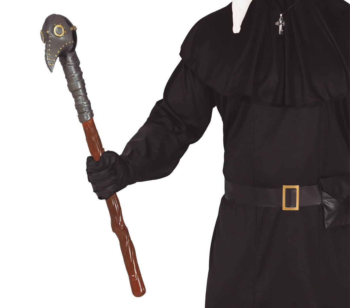 Removable medieval staff accessory in brown PVC, 70 cm, perfect for Halloween costumes and cosplay.