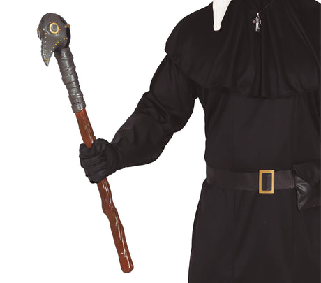 Removable medieval staff accessory in brown PVC, 70 cm, perfect for Halloween costumes and cosplay.