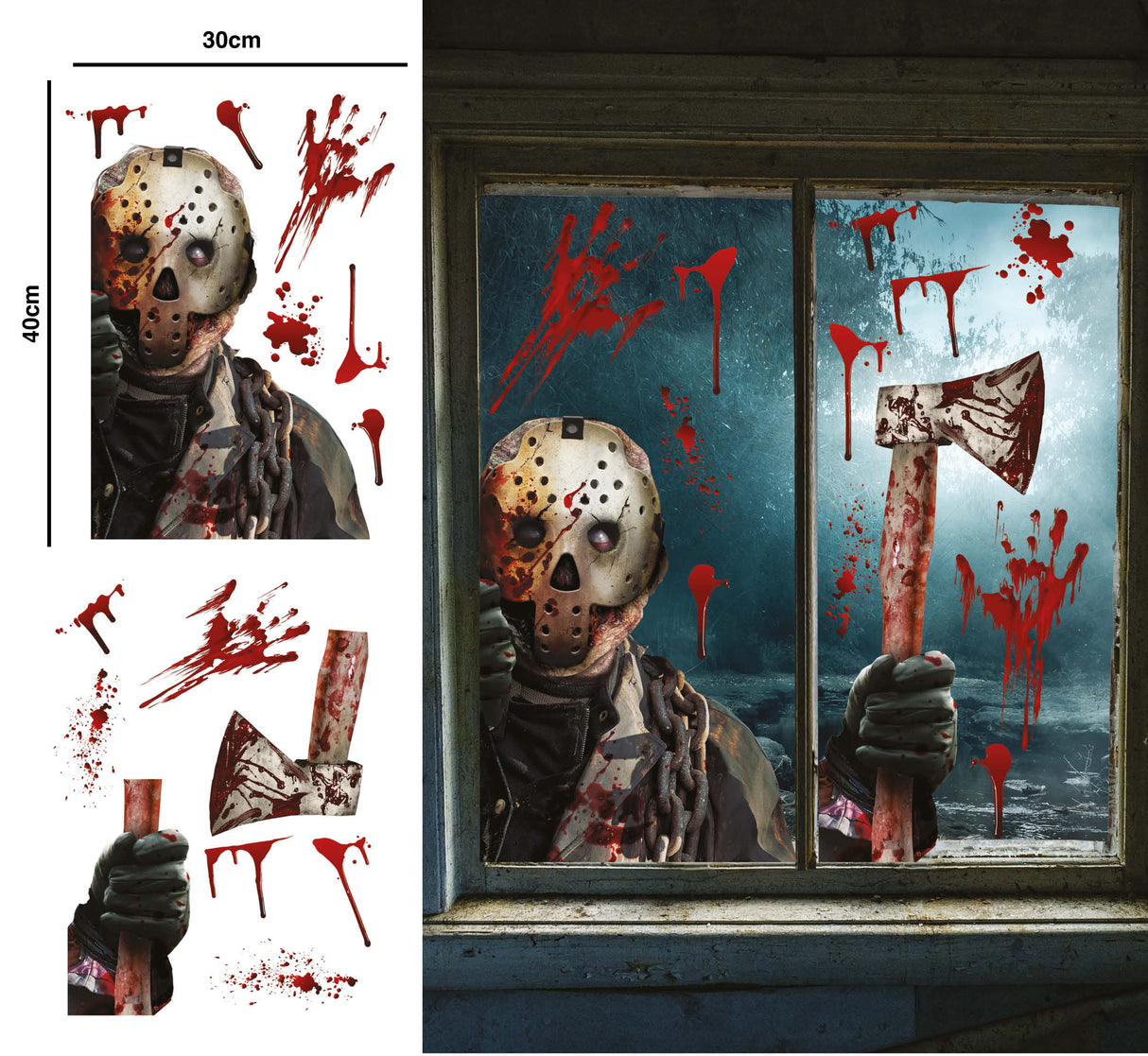 Set of two multicolor vinyl electrostatic window clings featuring an assassin design, perfect for Halloween window decoration.