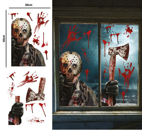 Set of two multicolor vinyl electrostatic window clings featuring an assassin design, perfect for Halloween window decoration.