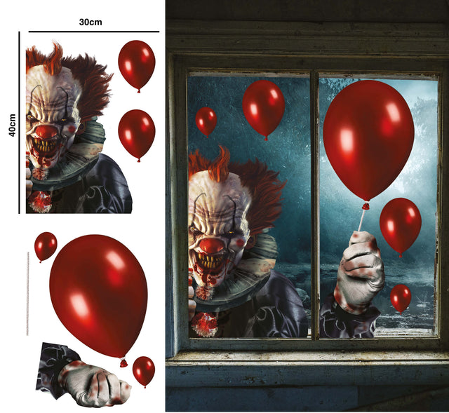 Set of two multicolor vinyl electrostatic window clings featuring clown designs, perfect for Halloween decoration.