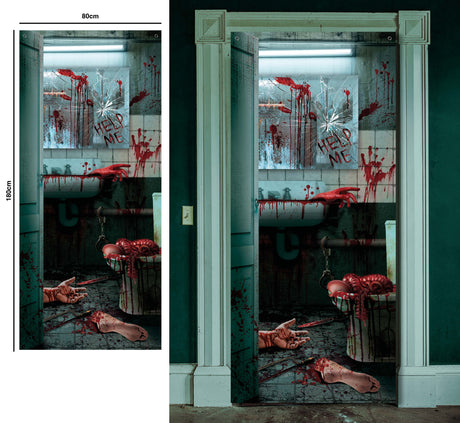 Bloody bathroom door decoration for Halloween, gray polyester material, 80 x 180 cm, spooky wall or door hanging prop.