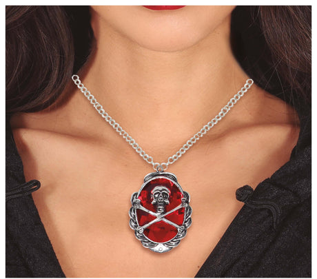 Pirate ruby medallion necklace for adults, silver and red metal and PVC accessory, perfect for Halloween pirate costumes.