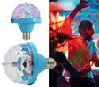 Multicolor LED RGB light bulb with metal and PVC construction, ideal for disco-themed decoration and lighting effects.