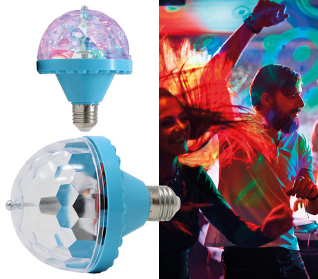 Multicolor LED RGB light bulb with metal and PVC construction, ideal for disco-themed decoration and lighting effects.