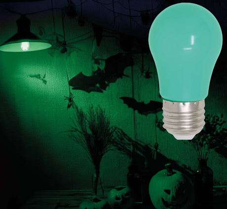 Green 5W decorative light bulb for Halloween decorations, made of metal and glass, ideal for string lights and festive lighting effects.