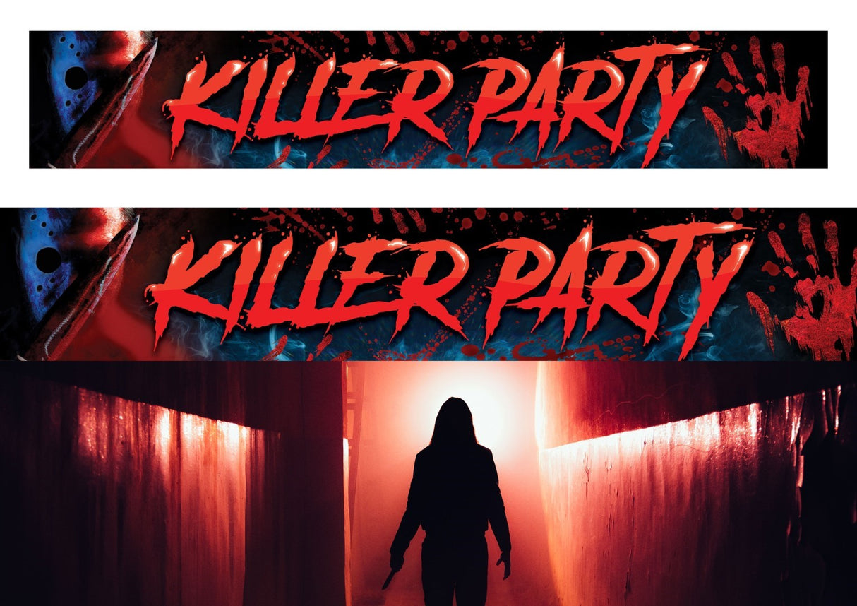 Halloween party banner with "Killer Party" text, black polyester fabric, 290x50 cm, spooky decoration for Halloween events.
