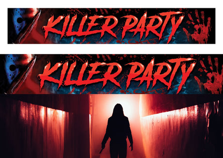 Halloween party banner with "Killer Party" text, black polyester fabric, 290x50 cm, spooky decoration for Halloween events.