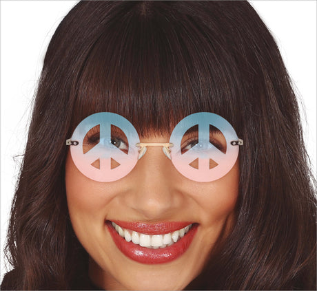 Colorful hippie peace sign sunglasses for adults made of metal and PVC, unisex retro festival accessory.