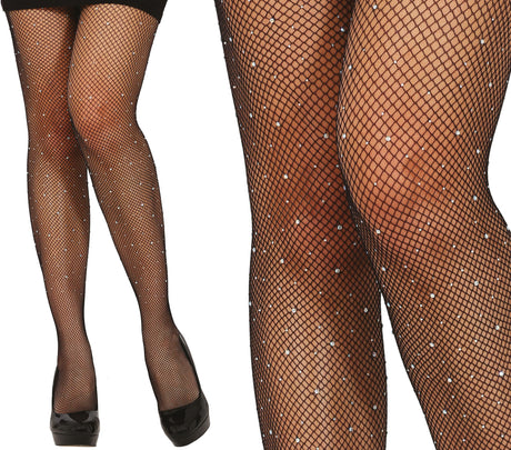 Black fishnet tights with rhinestones for women, adult size, made of polyester and spandex, 1920s inspired hosiery accessory.