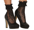 Black lace ankle socks for women, adult size, made of elastane and polyamide, vintage 40s and 19th century inspired, fashion accessories.
