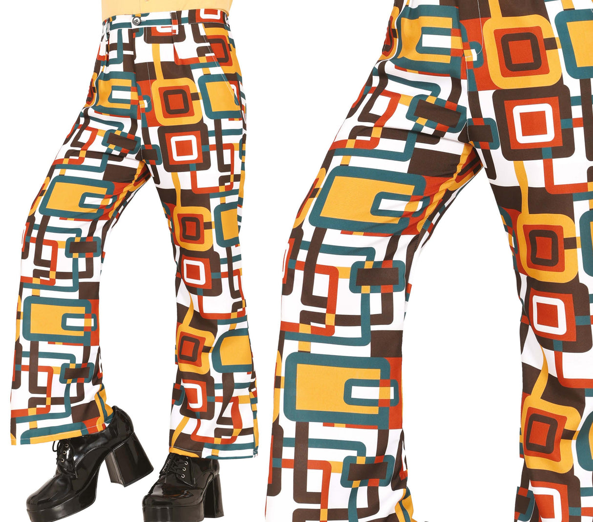 Multicolored 70s style polyester pants for adult men, retro fashion accessory, medium size 48-50.