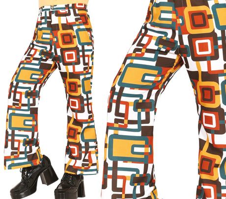 Multicolored 70s style polyester pants for adult men, retro fashion accessory, medium size 48-50.