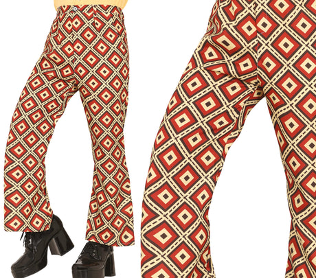 Multicolor 70s style polyester pants for adult men, medium size, retro fashion accessory.