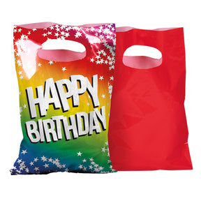 Set of 6 rainbow polyethylene party bags with "Happy birthday" text, ideal for birthday celebrations, each measuring 23 x 15 cm.
