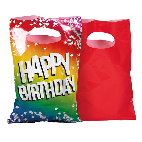 Set of 6 rainbow polyethylene party bags with "Happy birthday" text, ideal for birthday celebrations, each measuring 23 x 15 cm.